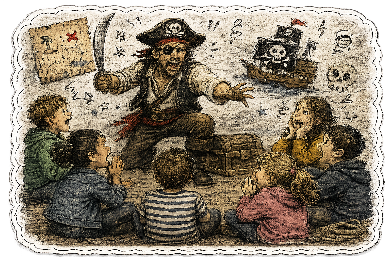 Sticker de un grupo de niños escuchando una historia de piratas