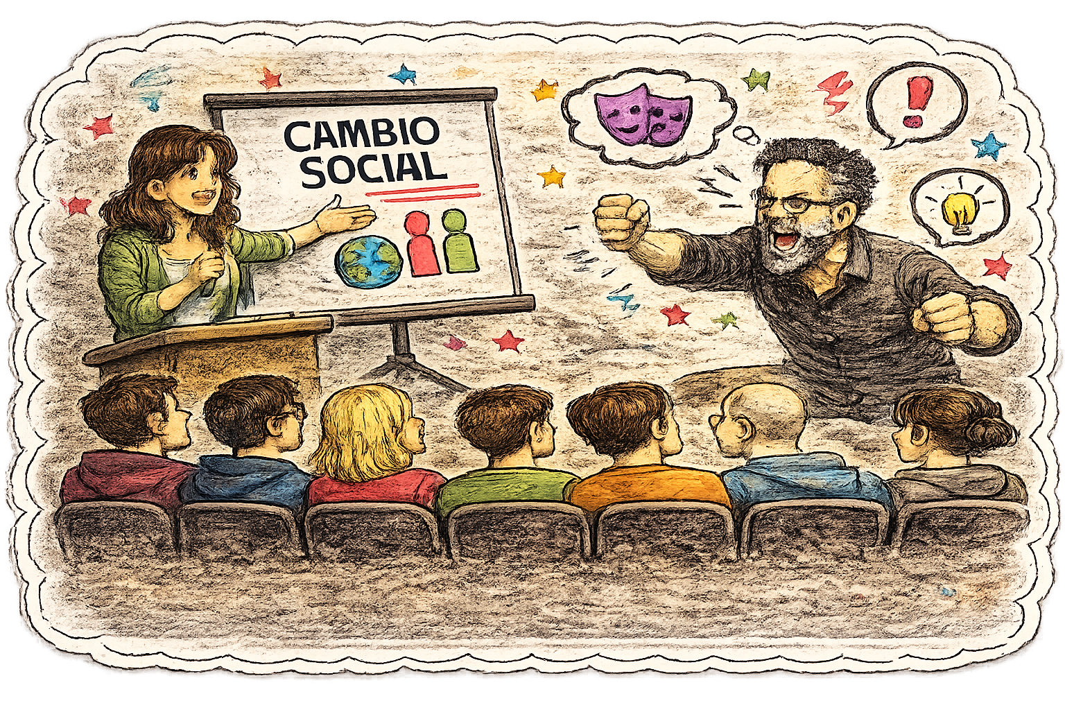 Sticker de una charla sobre cambio social con público interpelado